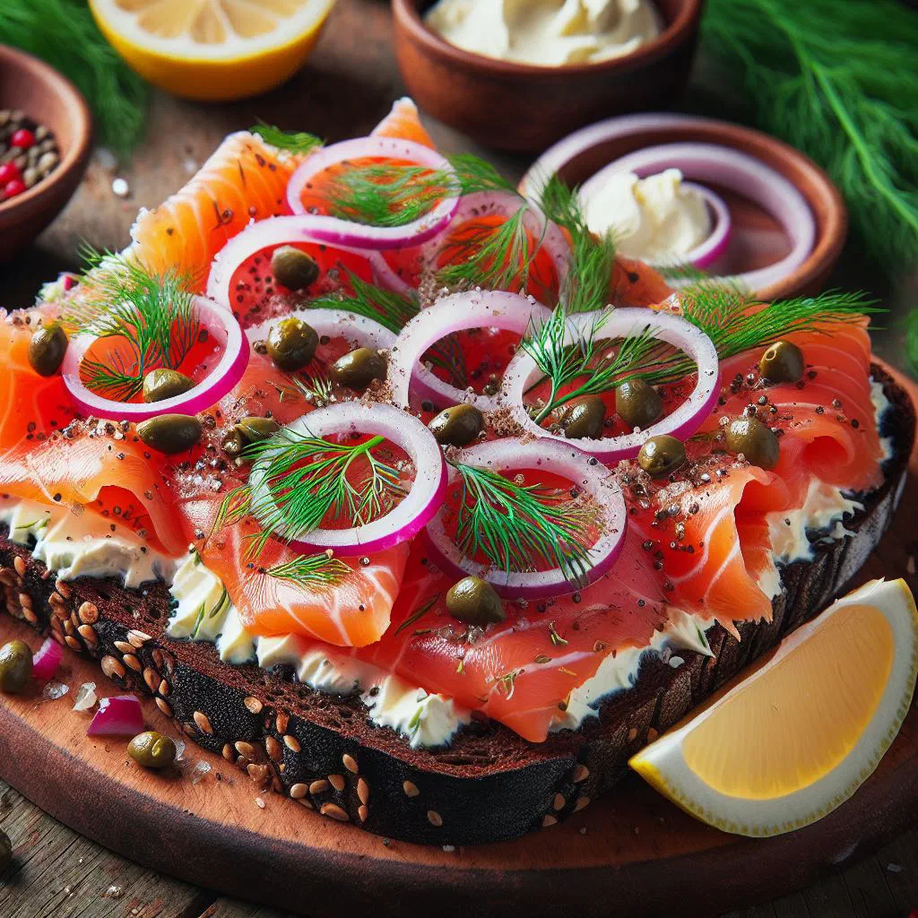 Open rye bread sandwiches topped with smoked salmon, avocado, radishes and dill