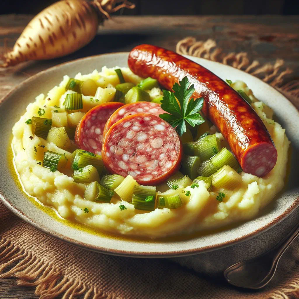 Creamy Dutch stamppot of mashed potatoes and turnip greens served with smoked sausage
