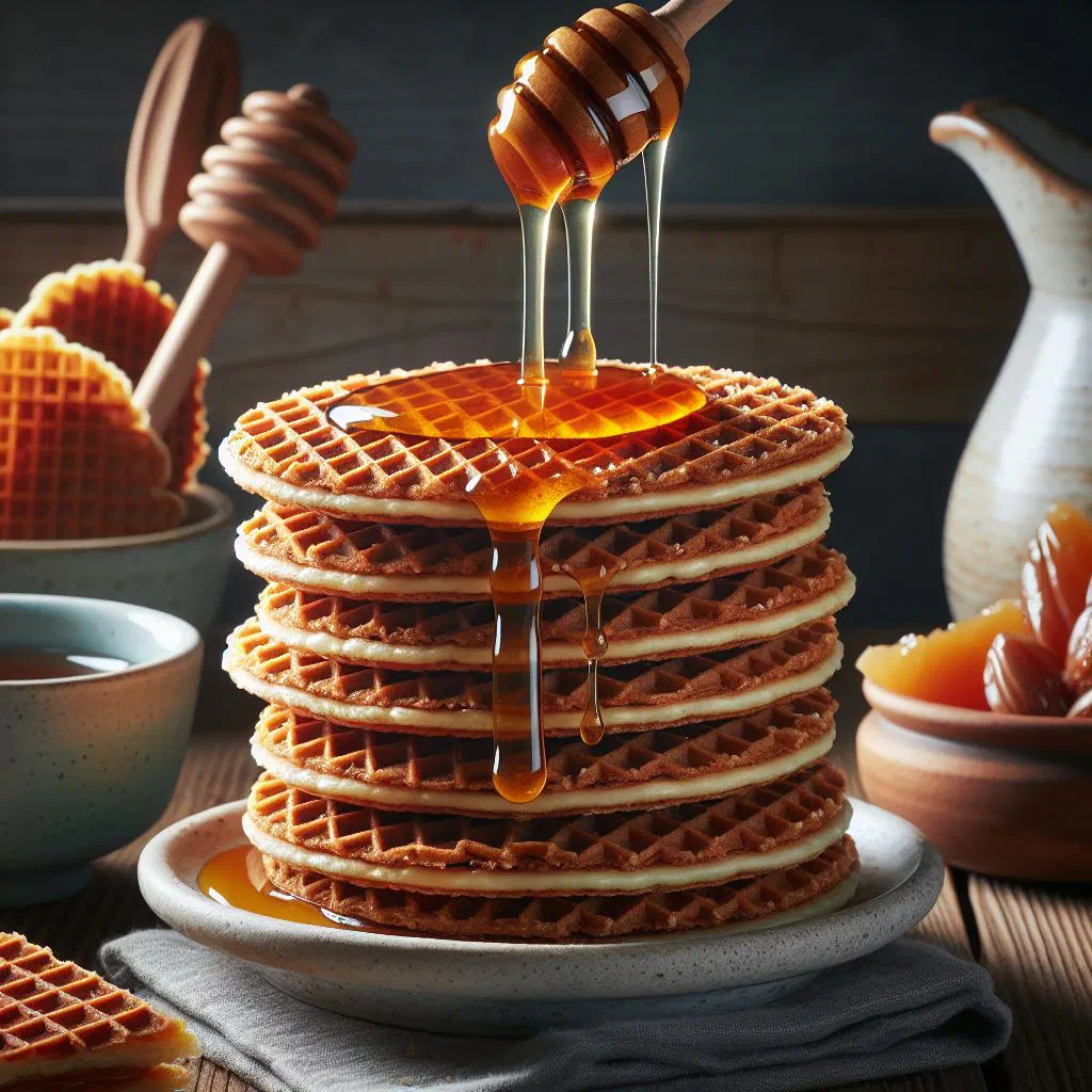 Stacked stroopwafels with golden caramel syrup filling