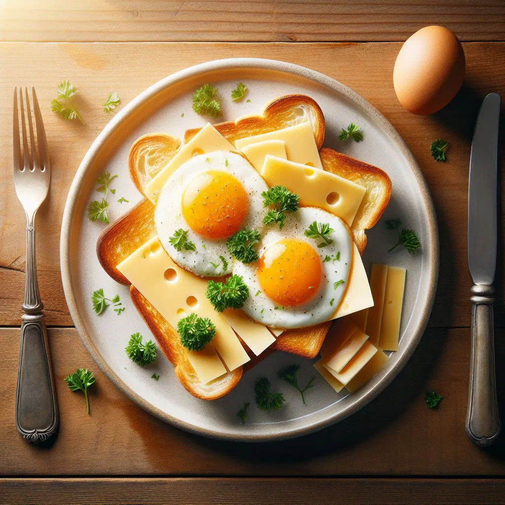 Uitsmijter with fried eggs, ham and cheese on toasted bread