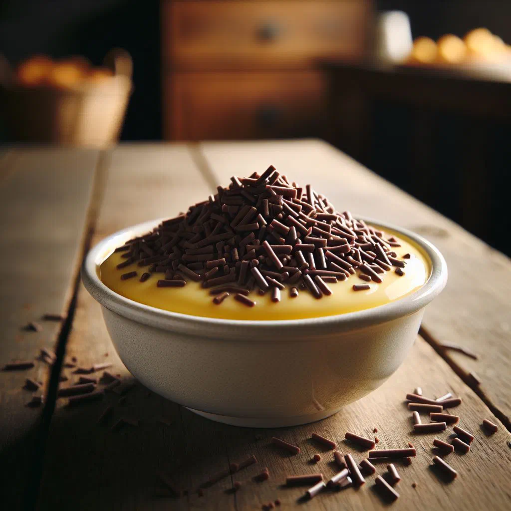 Creamy vanilla custard topped with colourful chocolate hagelslag in a glass