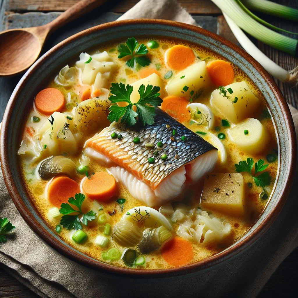 Bowl of waterzooi met vis with fish, vegetables and a creamy broth