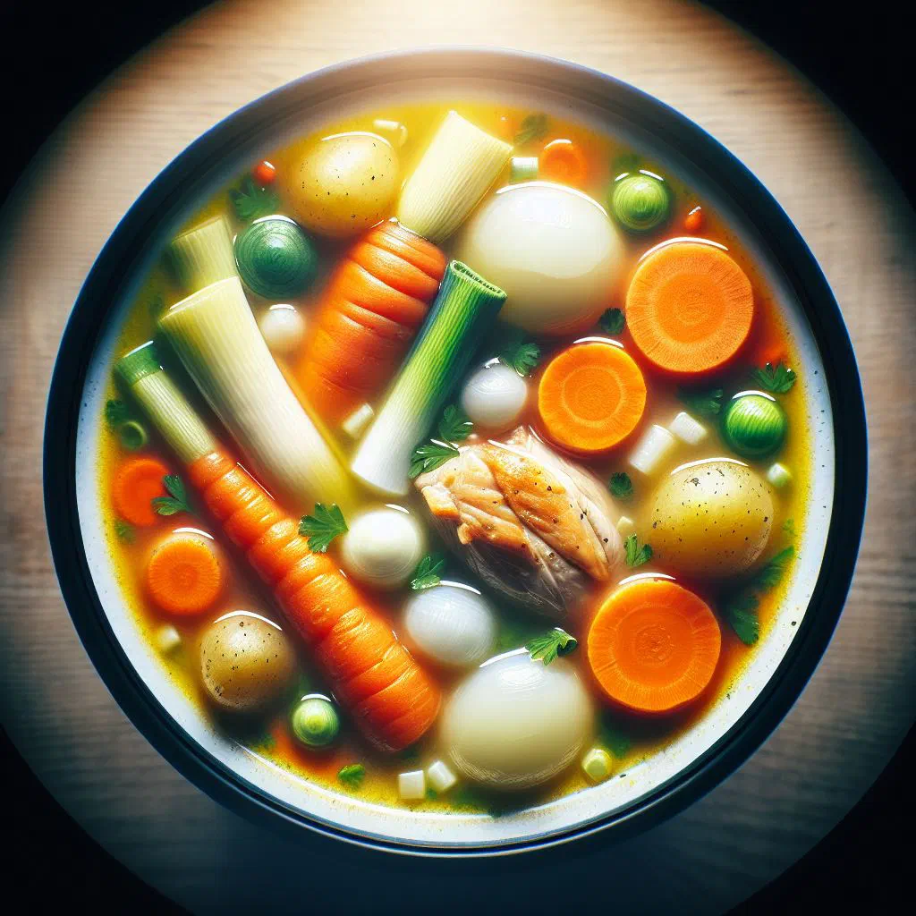 Bowl of creamy waterzooi with chicken, vegetables and fresh parsley