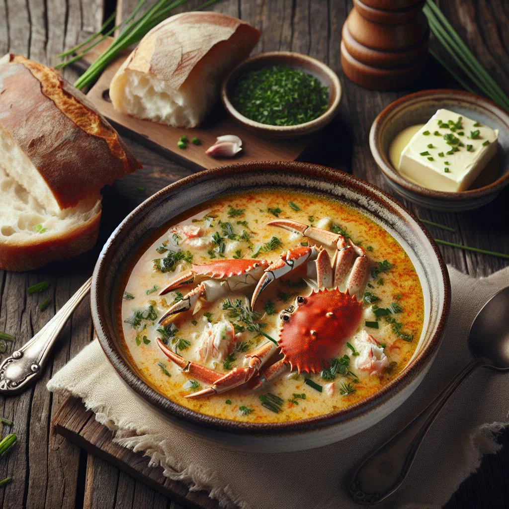 Creamy Zeeland crab soup garnished with fresh dill
