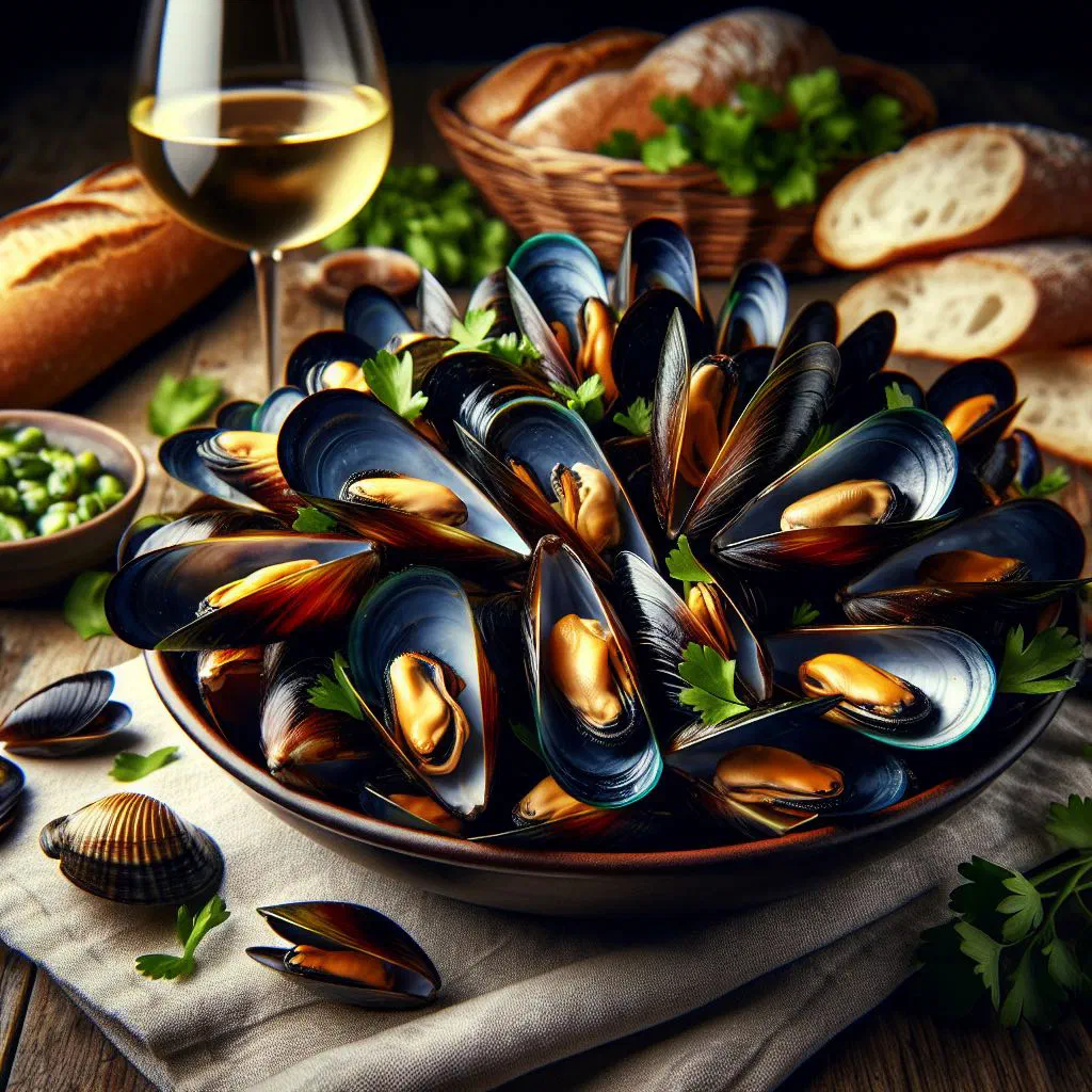 A steaming pot of Zeeuwse mussels with onion, garlic and fresh parsley