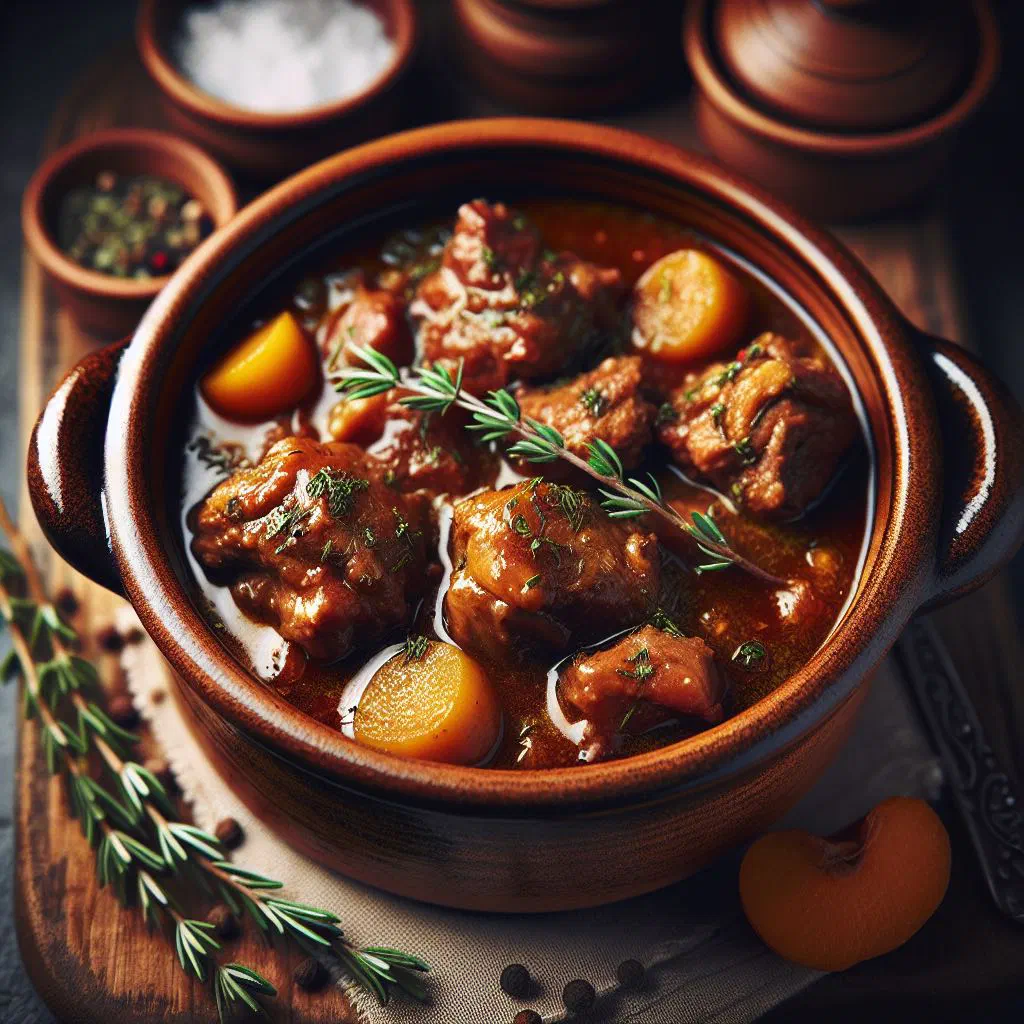 Bowl of tender braised Zuurvlees beef in a dark sweet-and-sour sauce with chips