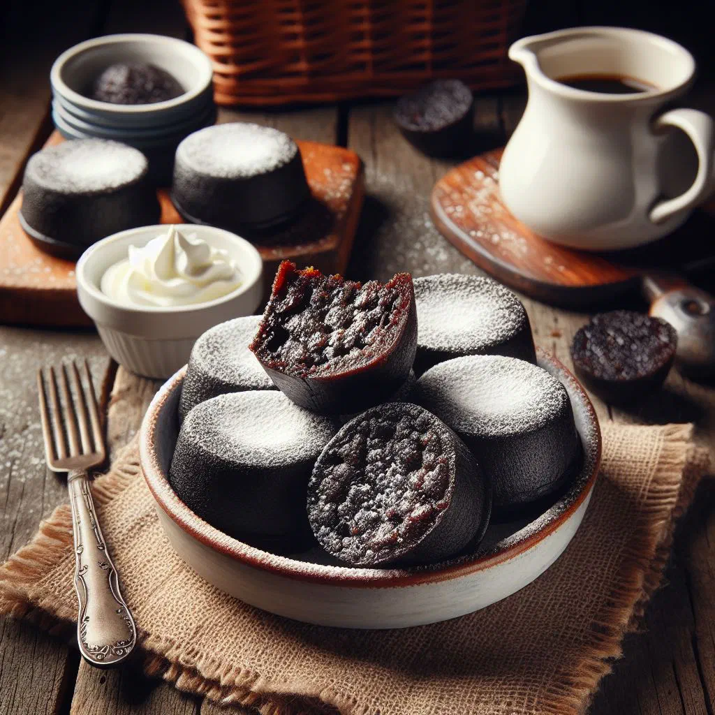 Small dark chocolate puddings dusted with sugar and topped with berries