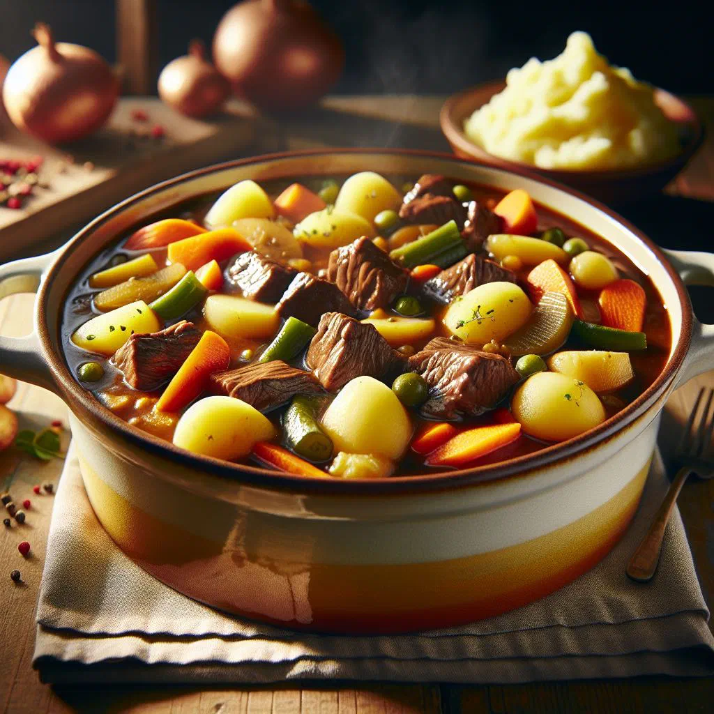 Hearty Dutch beef and vegetable stew garnished with fresh parsley