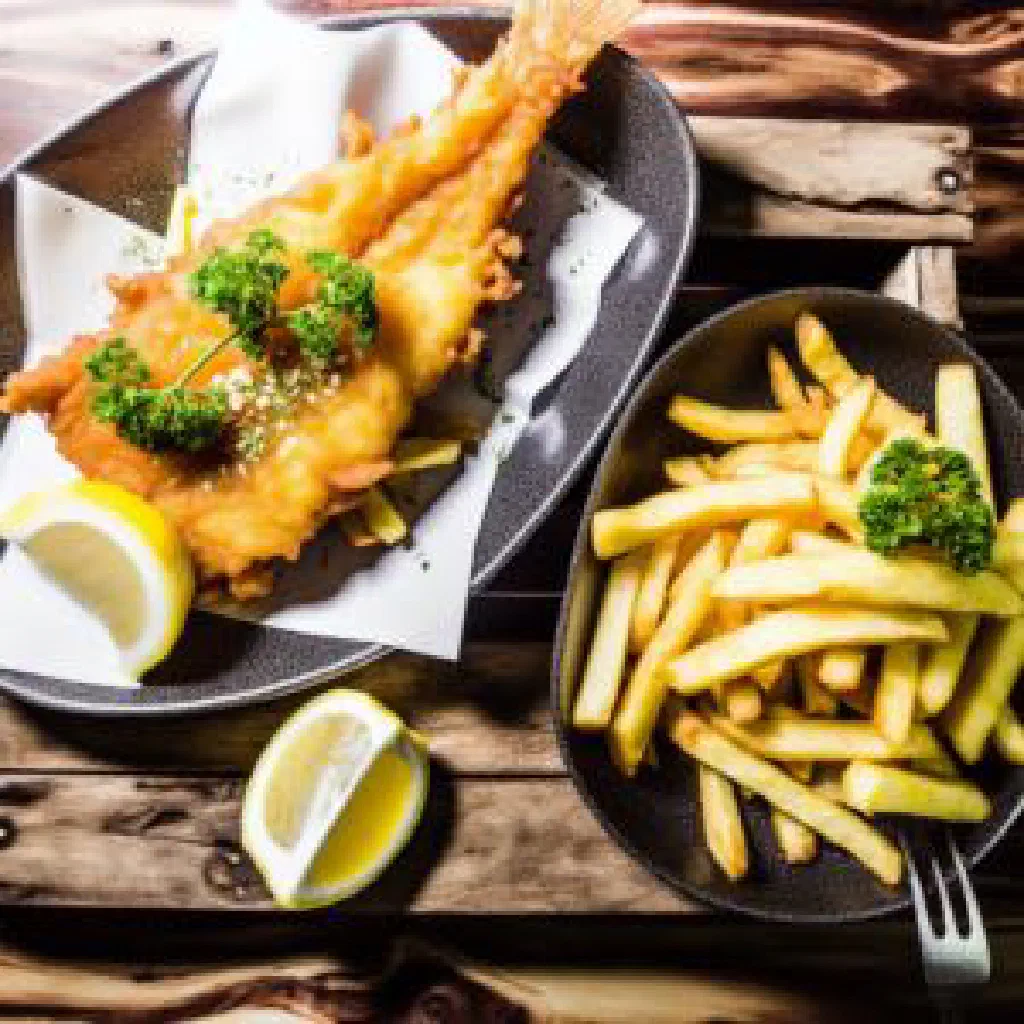 Golden battered blue cod fillets served with chips and a lemon wedge