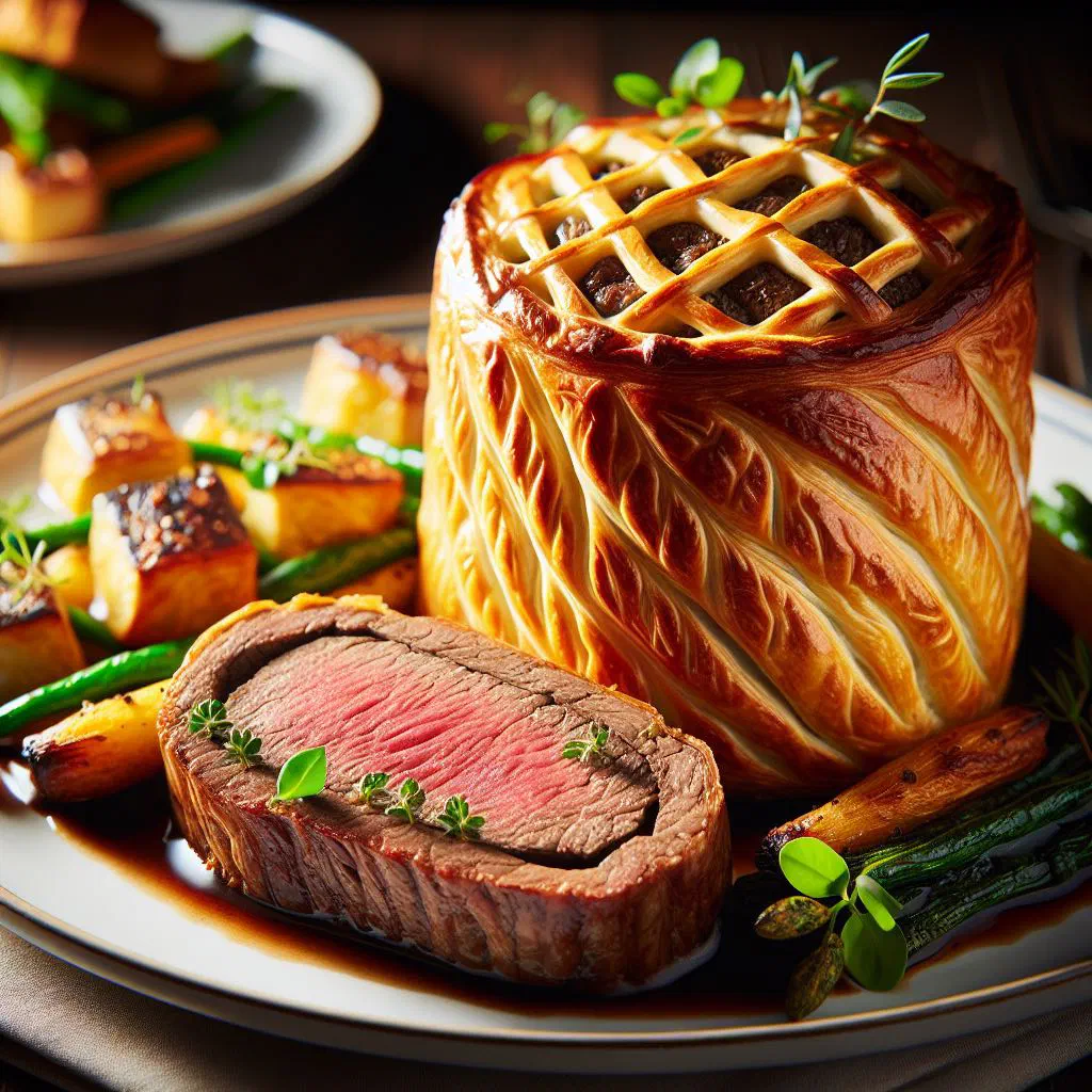 Sliced beef Wellington in golden puff pastry with a pink centre