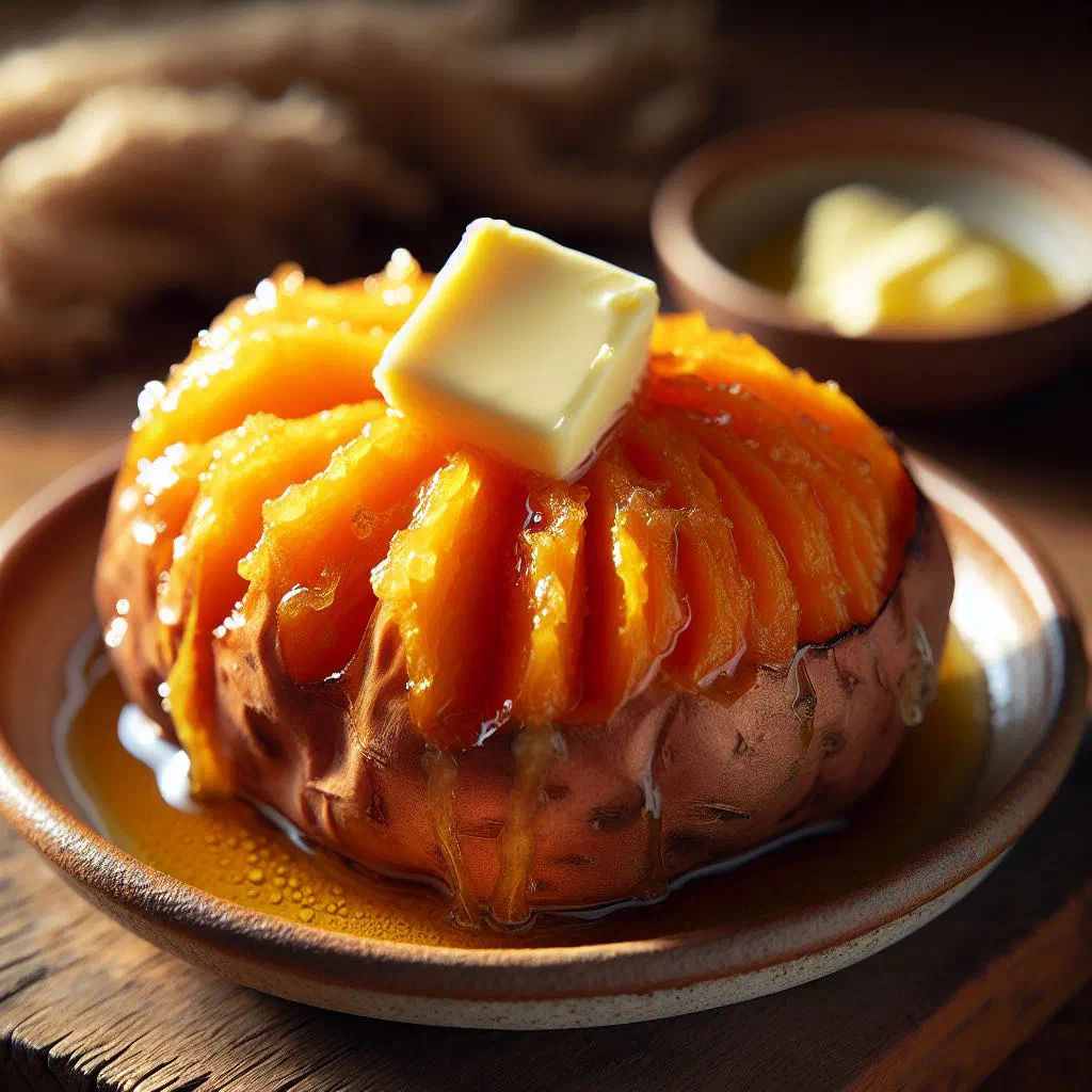Bowl of buttered kumara topped with melted butter and fresh herbs