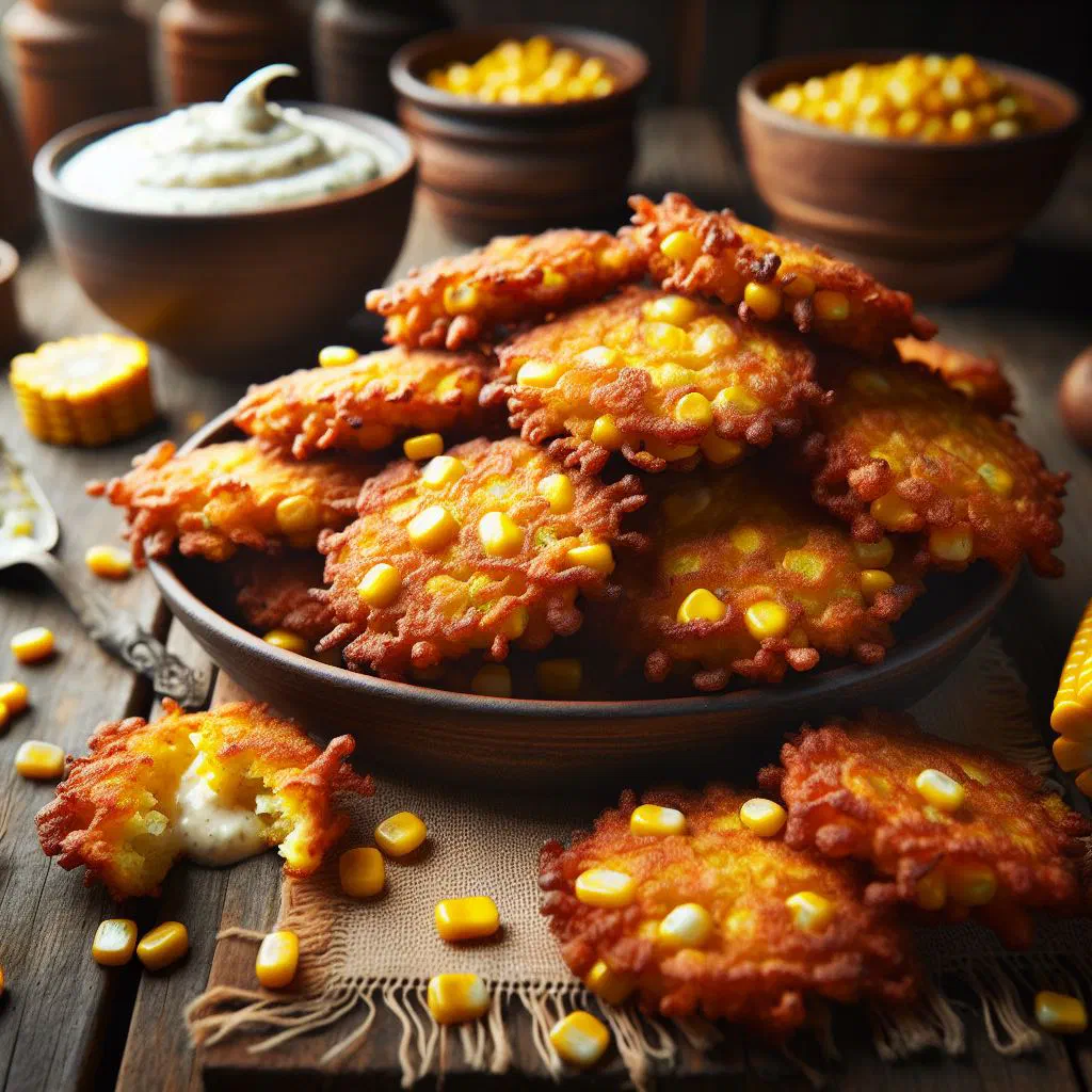Golden corn fritters stacked on a plate with fresh herbs