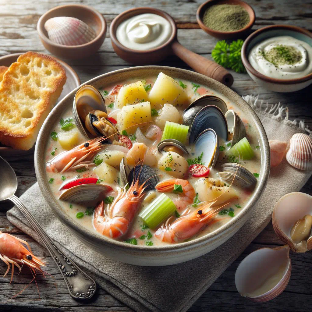 Creamy seafood chowder in a bowl with prawns and fresh parsley