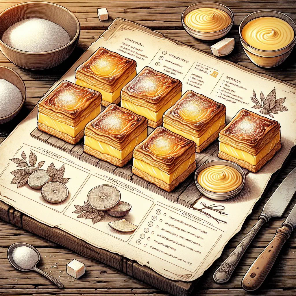 Custard square with layers of puff pastry, vanilla custard and white icing