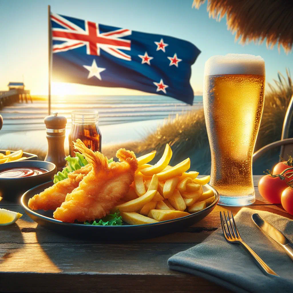 Golden battered fish with a pile of chips, lemon wedge and tartare sauce