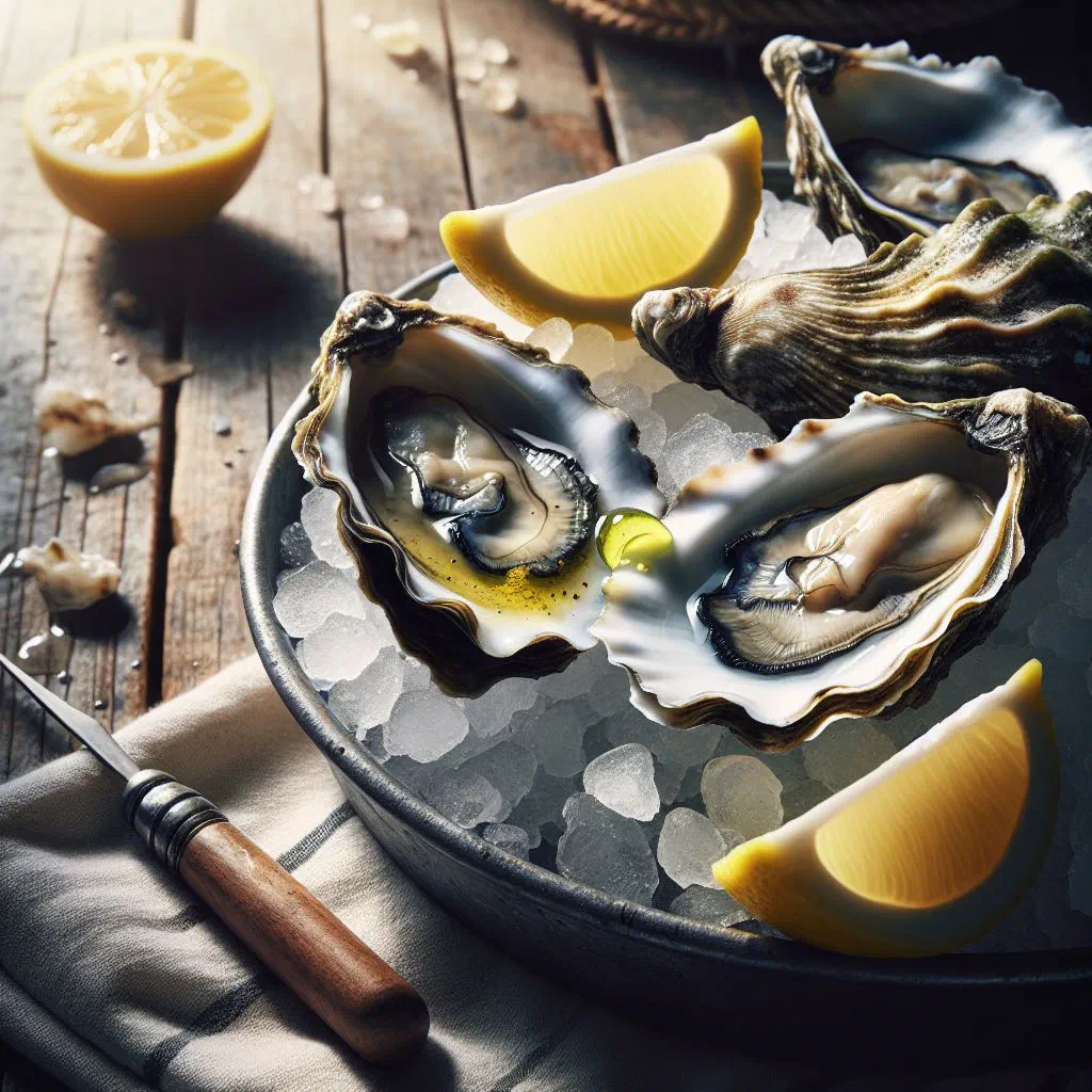Freshly shucked oysters on the half shell with lemon wedges and herbs