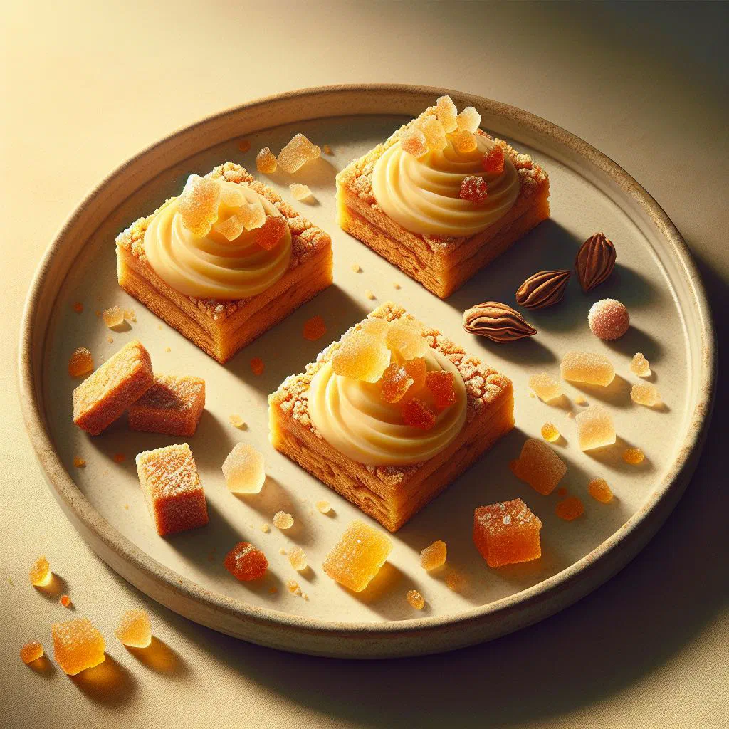 Squares of ginger crunch slice with a golden ginger icing topping
