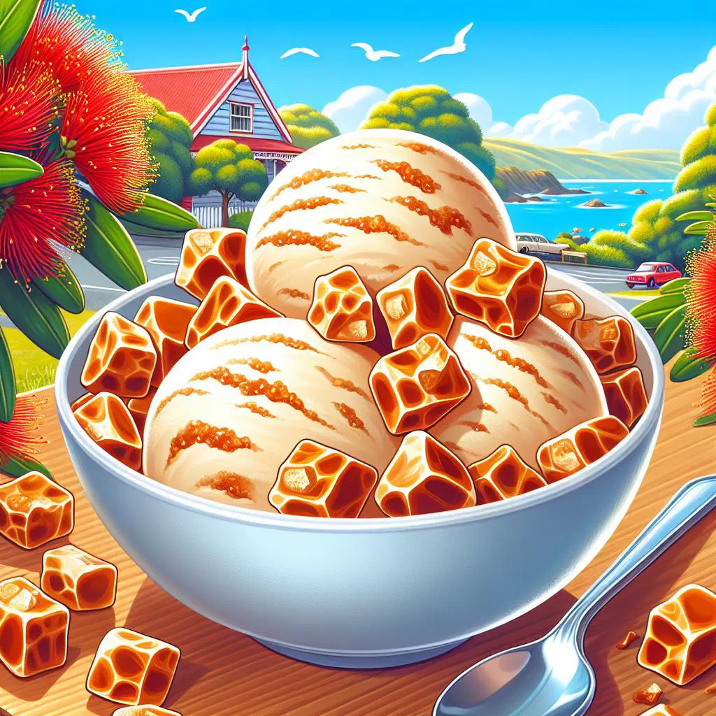 Scoops of vanilla ice cream studded with golden hokey pokey honeycomb pieces