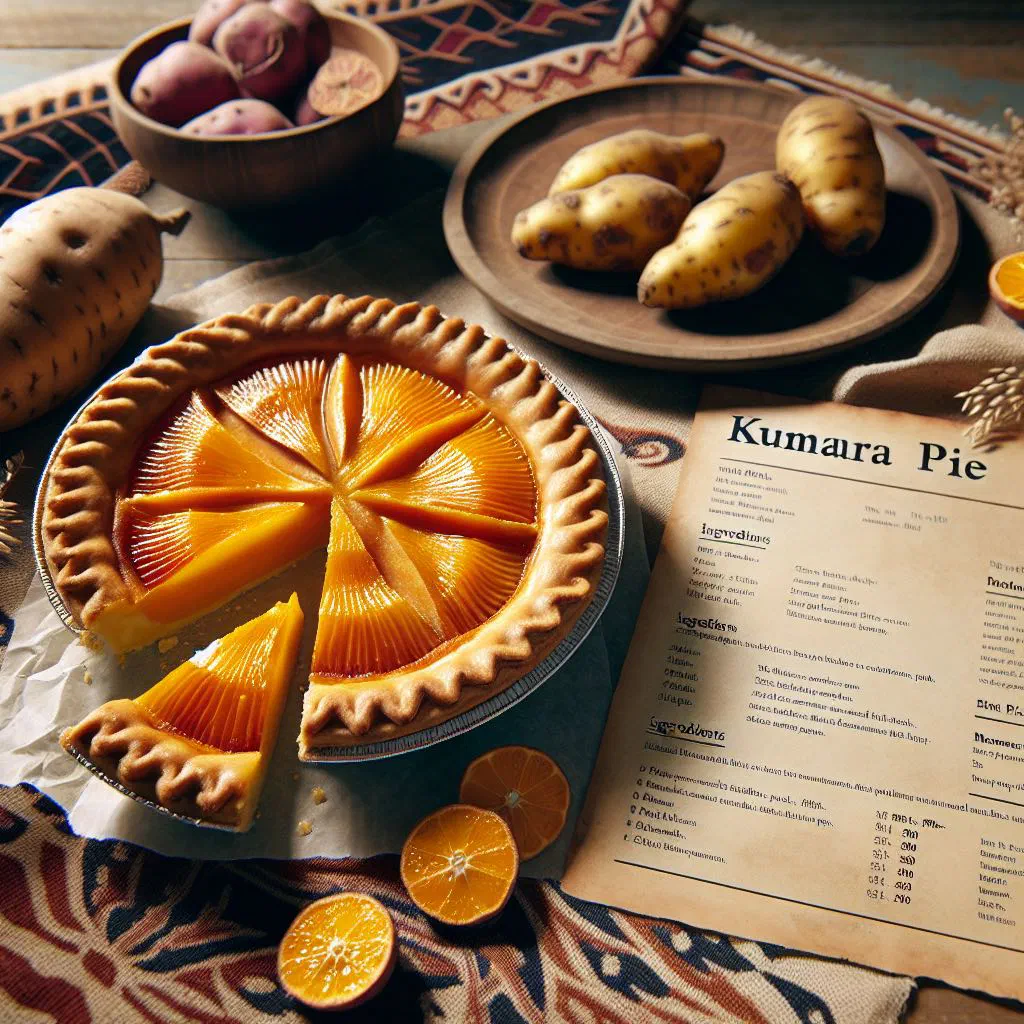 Golden baked kumara pie with a slice lifted out on a plate