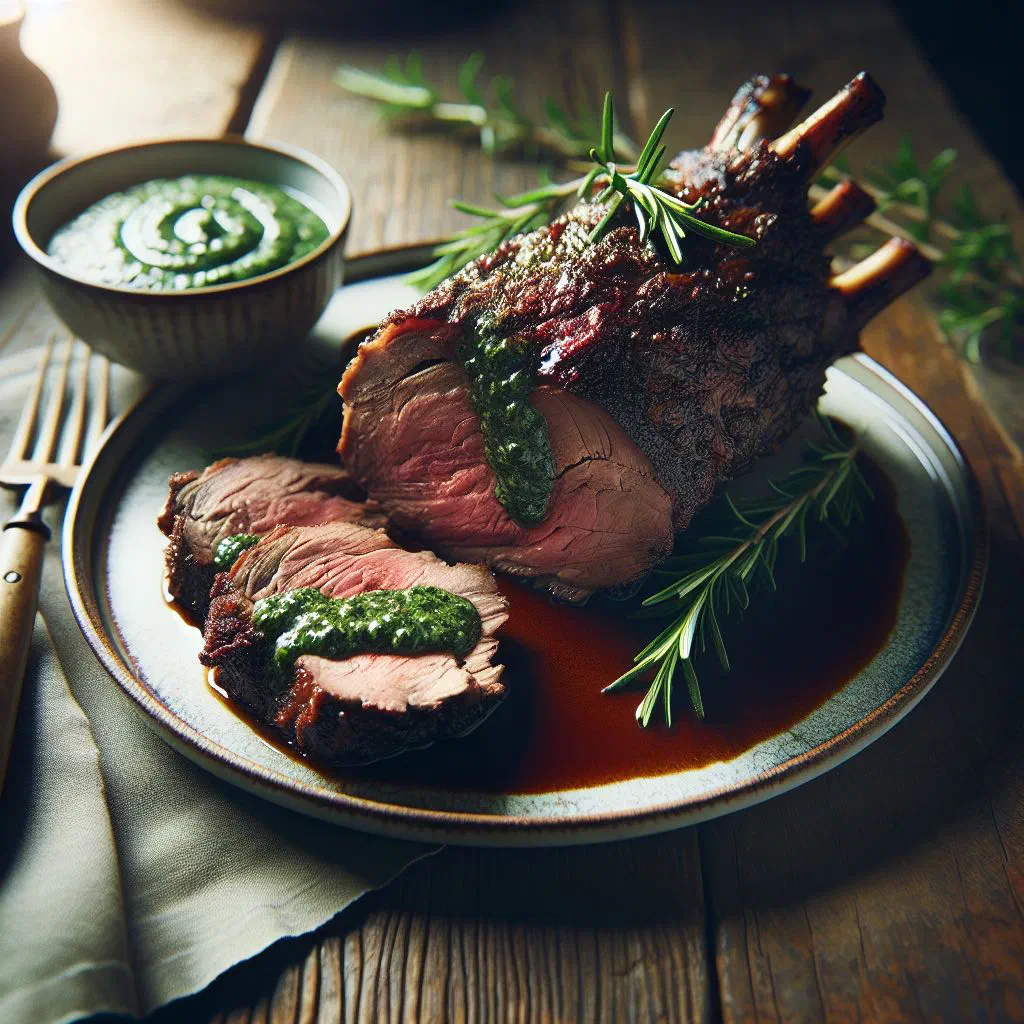 Sliced roast lamb on a wooden board with a bowl of fresh mint sauce