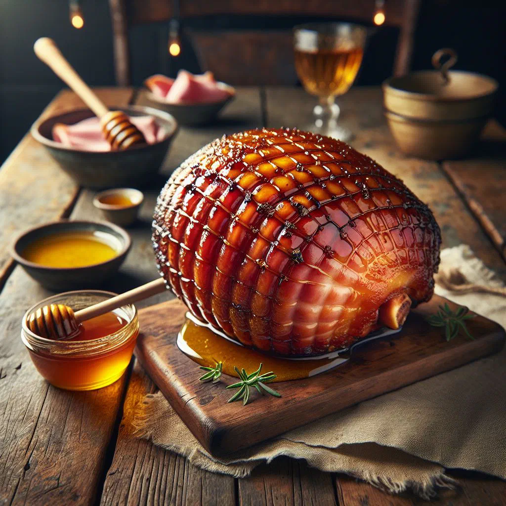 Sliced glazed ham with a glossy manuka honey crust on a serving platter