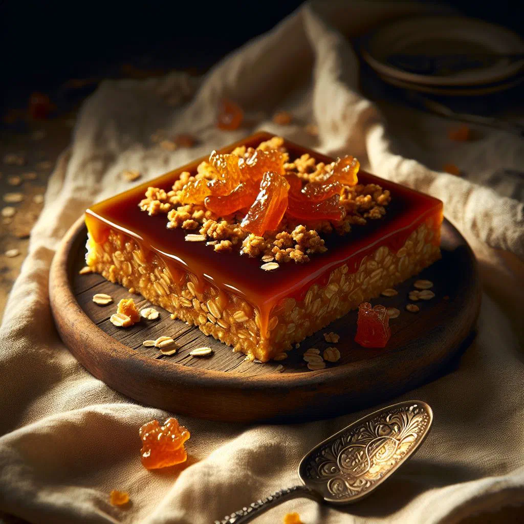 Golden oaty ginger crunch slices cut into squares on a board