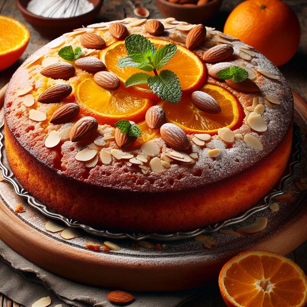 Golden orange and almond cake dusted with icing sugar and topped with orange slices