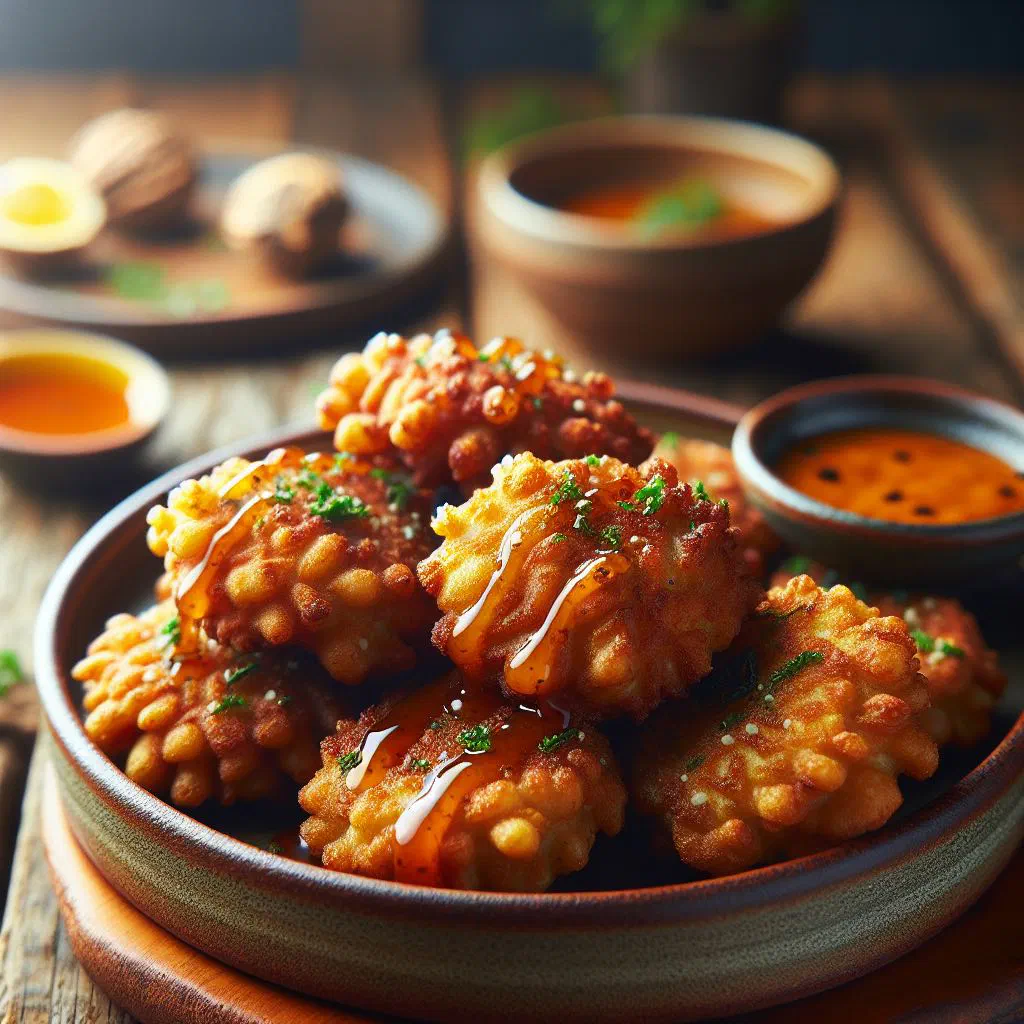 Golden pāua fritters garnished with fresh herbs and lemon wedges