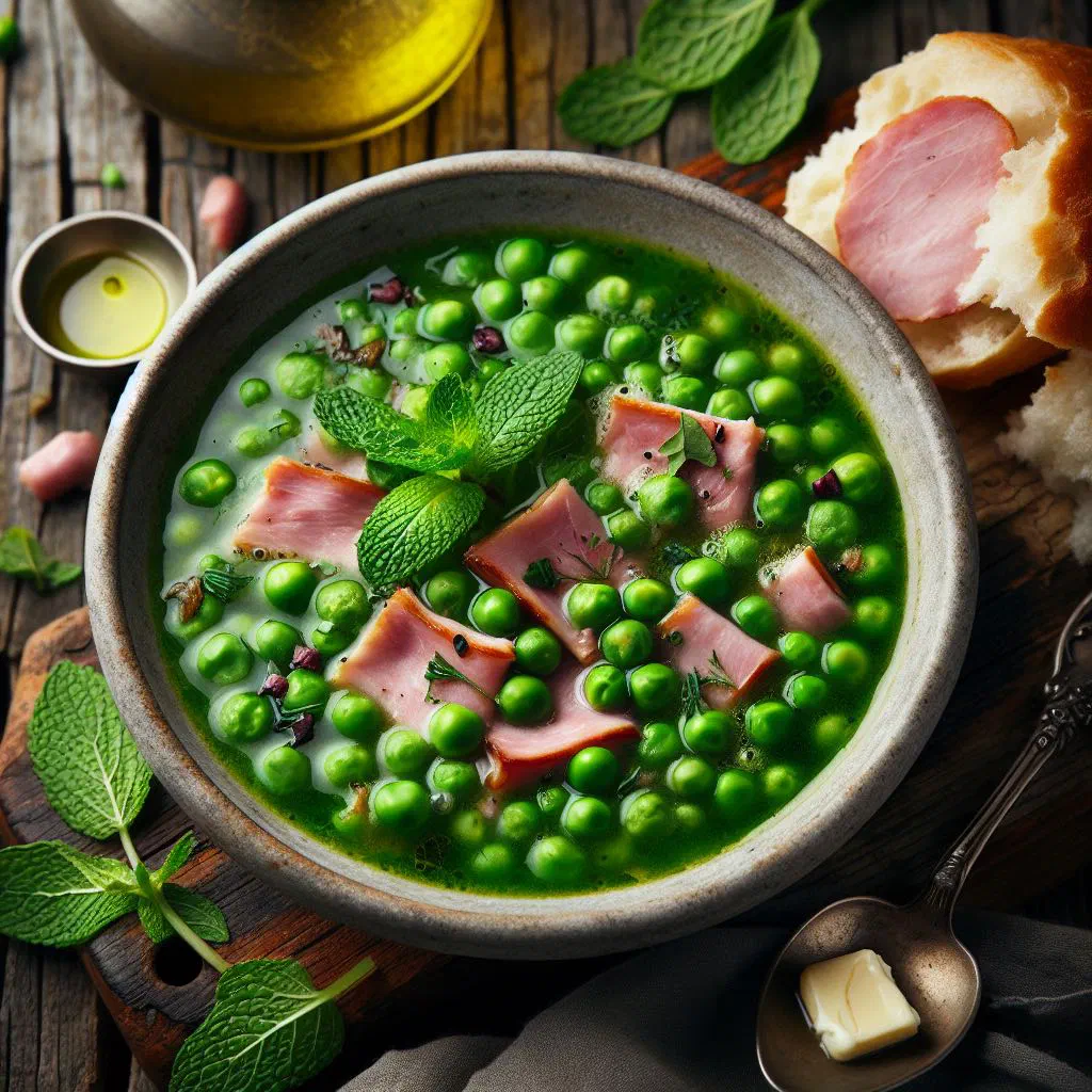 Bowl of creamy green pea soup with diced ham and fresh mint leaves