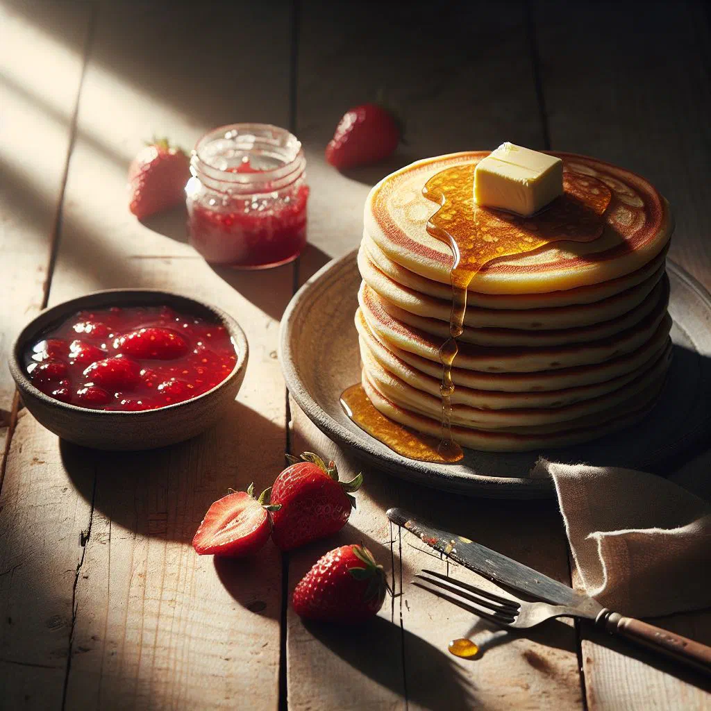 Stack of golden pikelets topped with butter and berry jam
