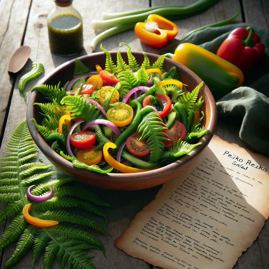 Piko piko salad with fern fronds, cherry tomatoes and shredded carrot