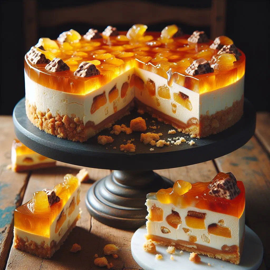 Slice of pineapple lumps cheesecake with a biscuit base and fresh pineapple topping