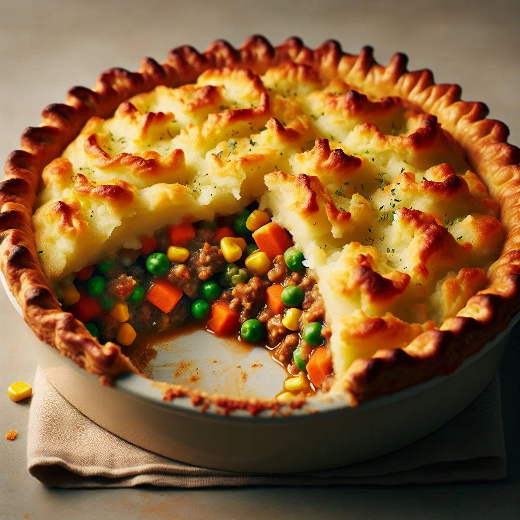 Potato top pie with golden mashed potato crust and savoury mince filling