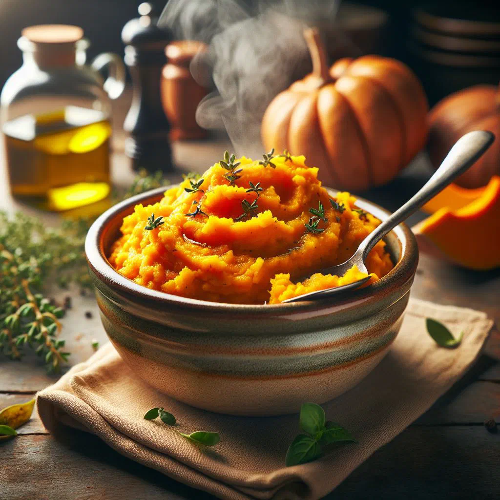 Creamy pumpkin and kumara mash in a bowl with fresh herbs