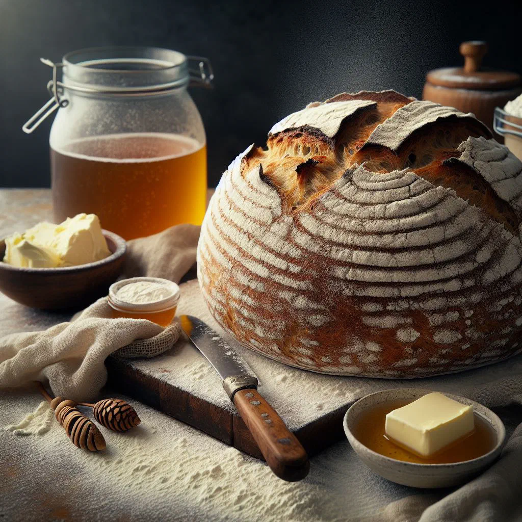 Sliced loaf of rewena bread with a golden crust on a wooden board