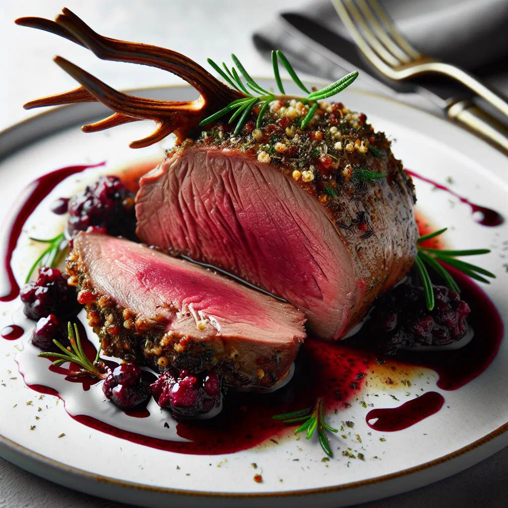 Sliced roast venison fanned out on a plate with a glossy mixed berry sauce