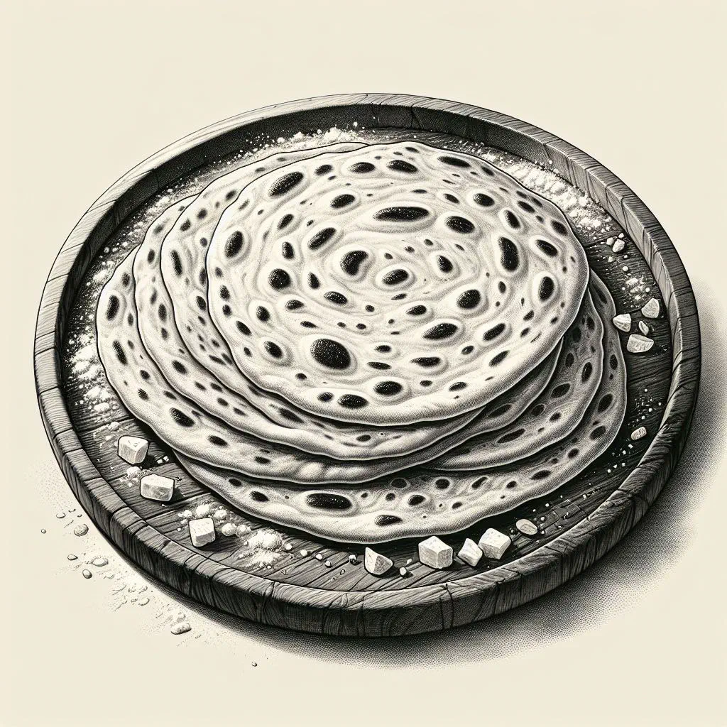 Stack of freshly pan-fried roti flatbreads on a wooden board