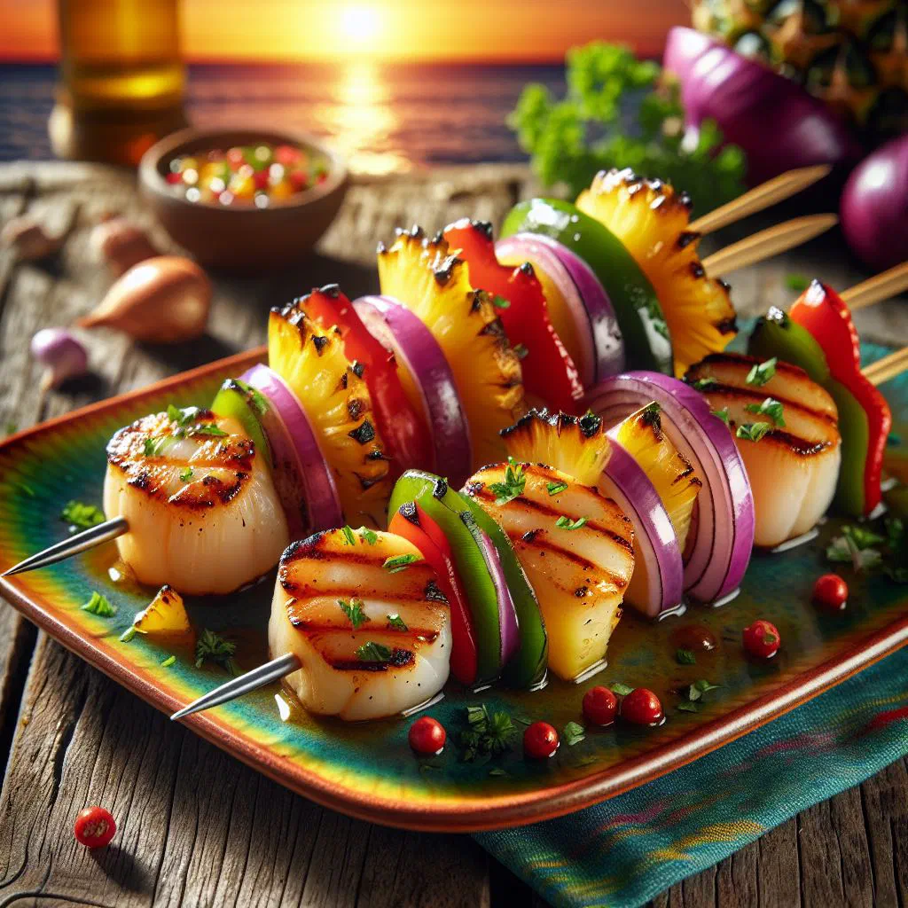 Grilled scallop kebabs on skewers with fresh herbs and lemon wedges