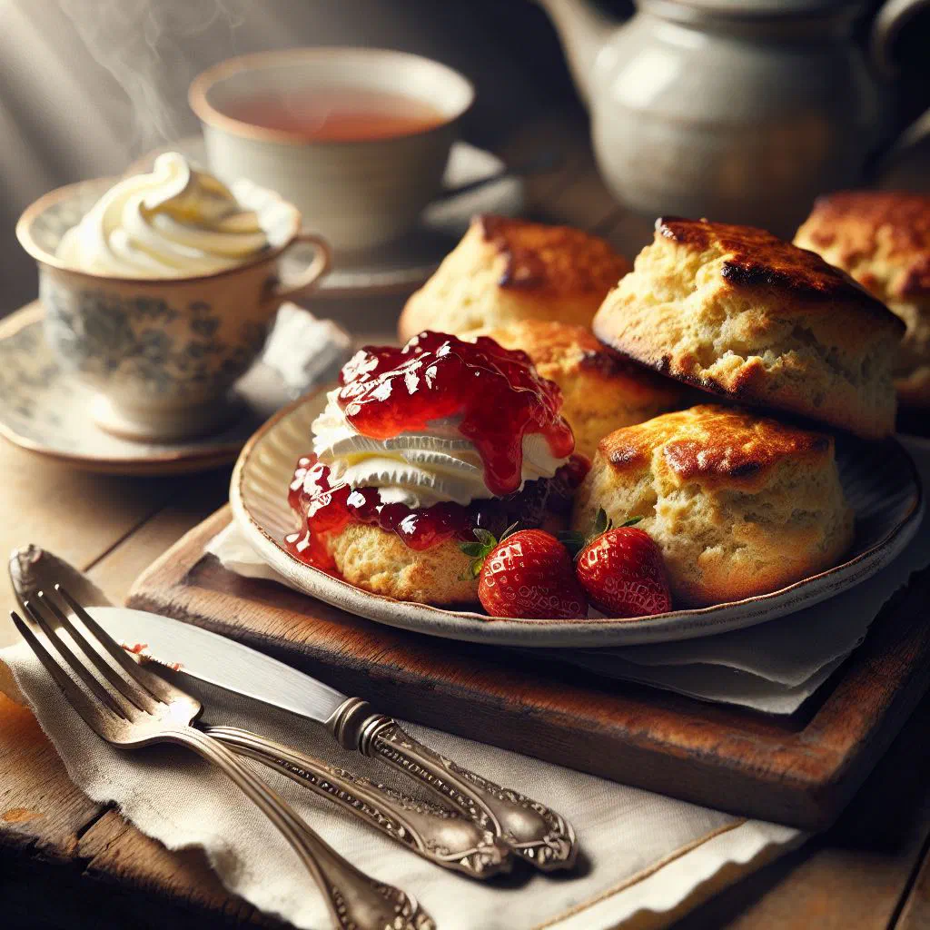 Freshly baked scones split and topped with jam and whipped cream