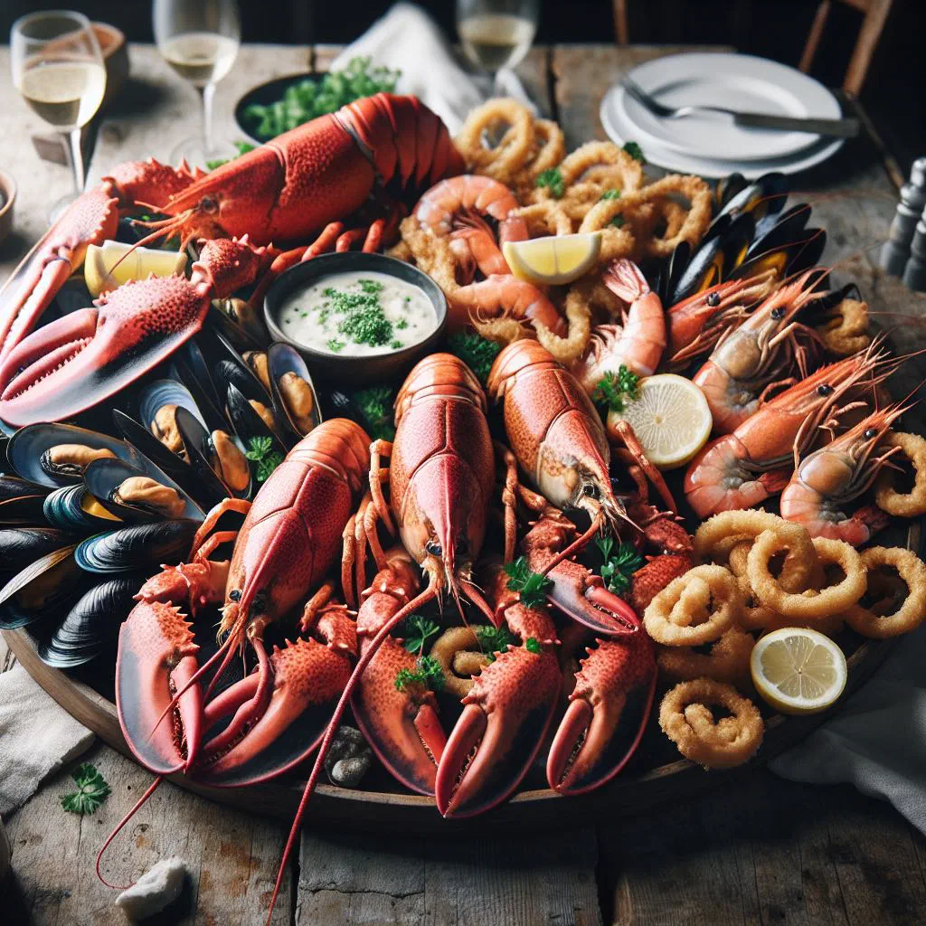 New Zealand seafood platter with mussels, prawns, fish and lemon wedges