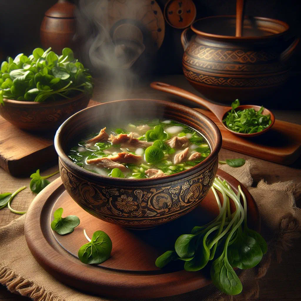 Bowl of titi and watercress soup garnished with fresh greens