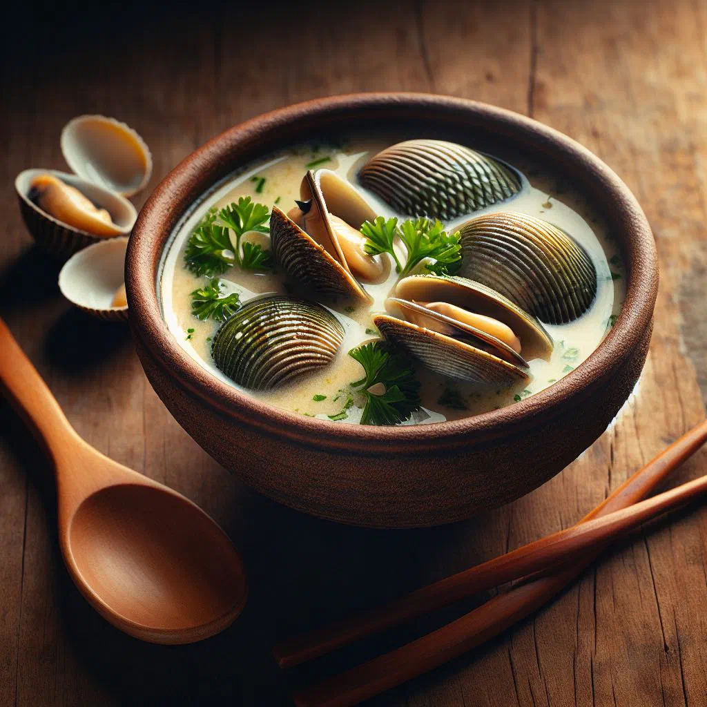 Bowl of creamy toheroa soup garnished with fresh parsley