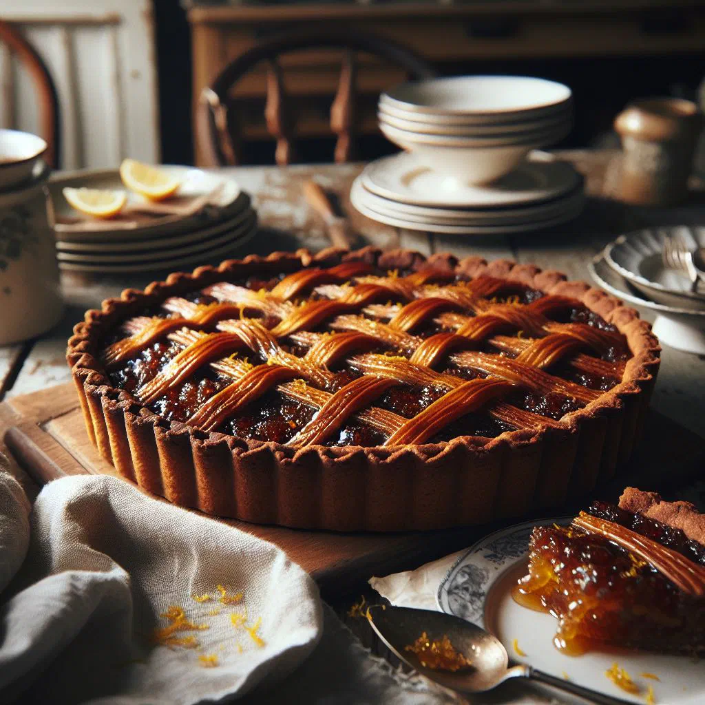 Golden treacle tart with a crisp crumb base, dusted with icing sugar