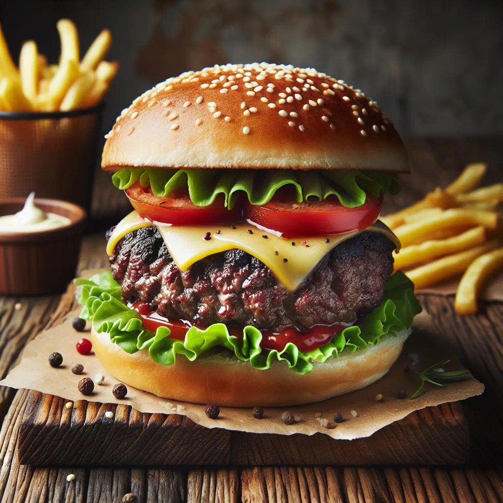 Juicy venison burger in a toasted bun with lettuce, tomato and cucumber