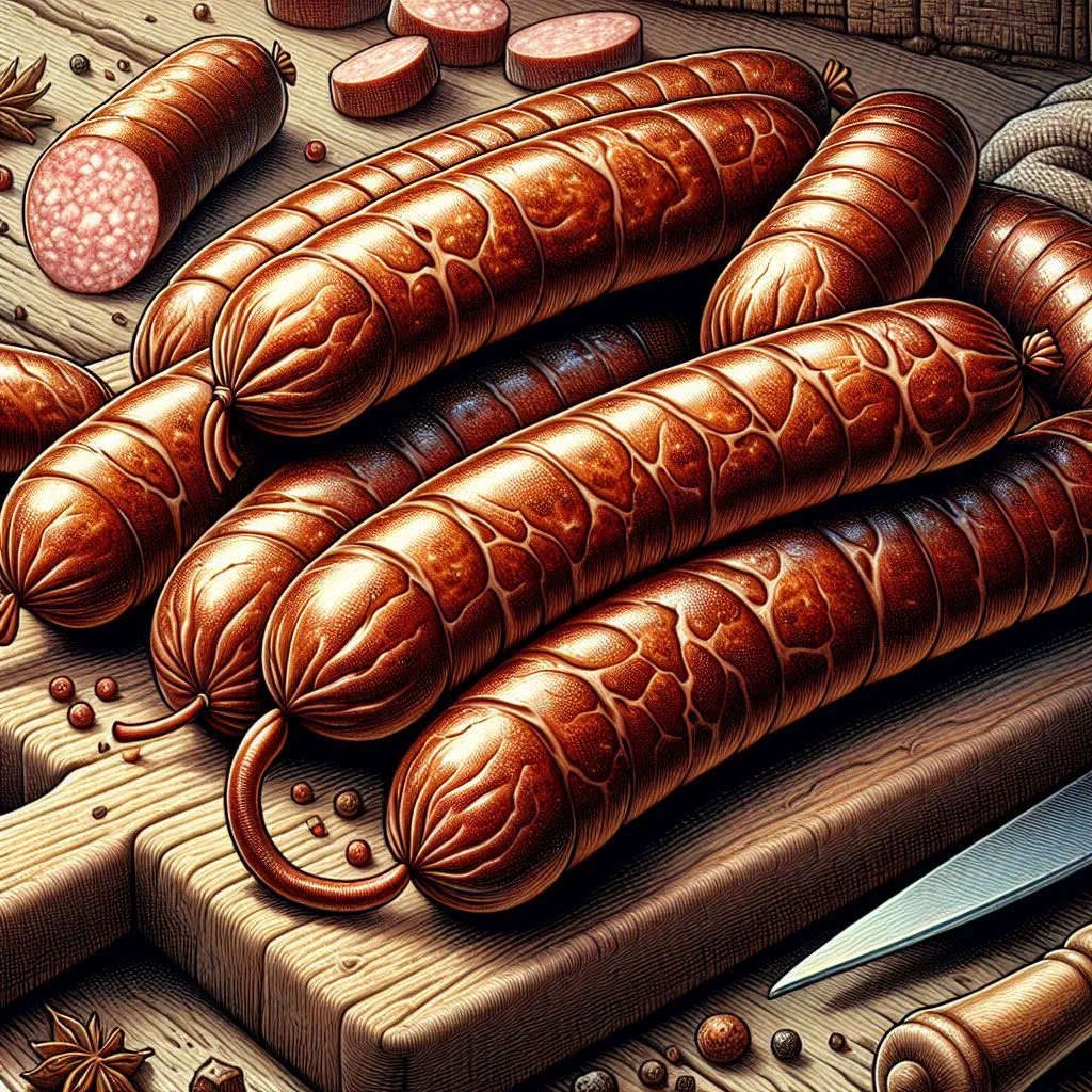 Grilled venison sausages on a rustic wooden board with fresh herbs