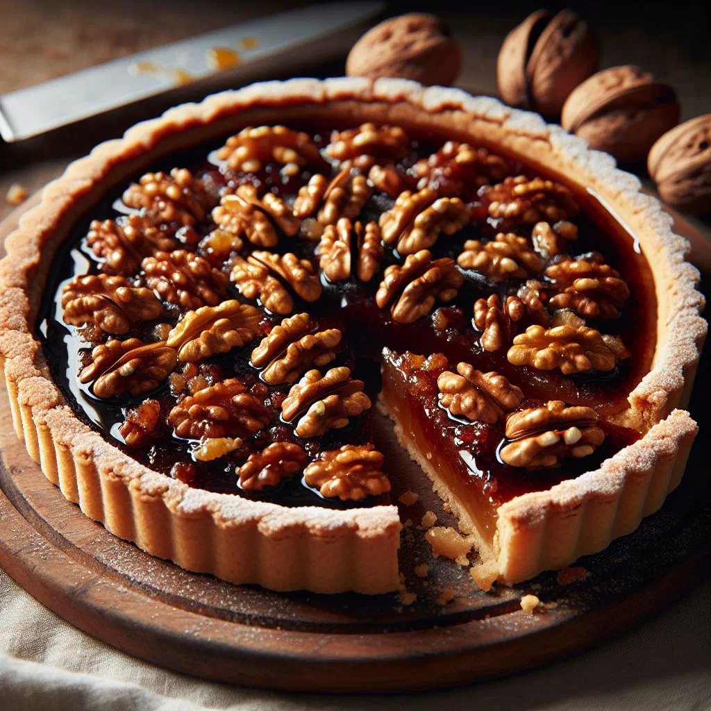 Golden walnut and honey tart on a plate, sliced to show the nutty filling