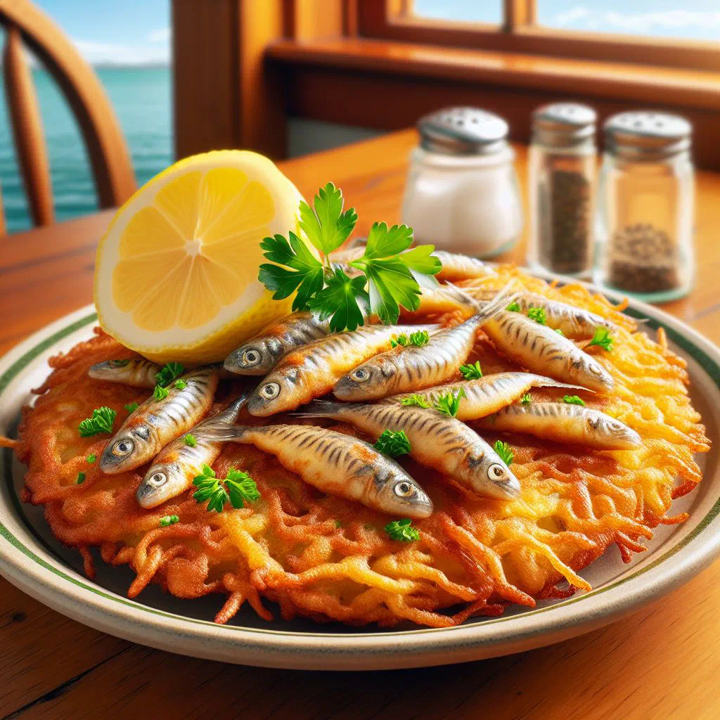 Golden whitebait fritters served with lemon wedges