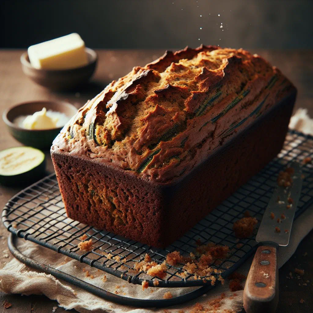 Sliced zucchini bread loaf with walnuts on a wooden board