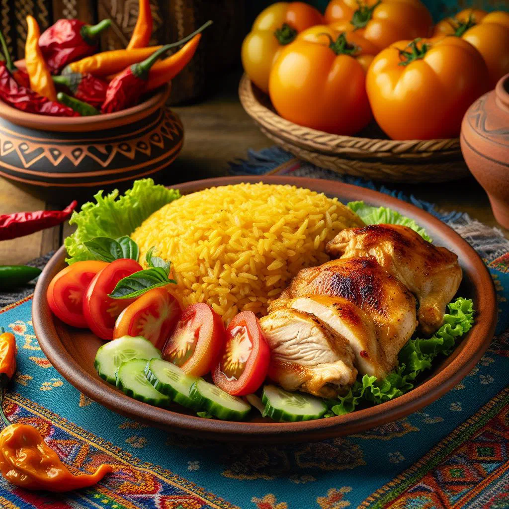 Arroz con pollo with golden rice, chicken pieces and vegetables in a bowl
