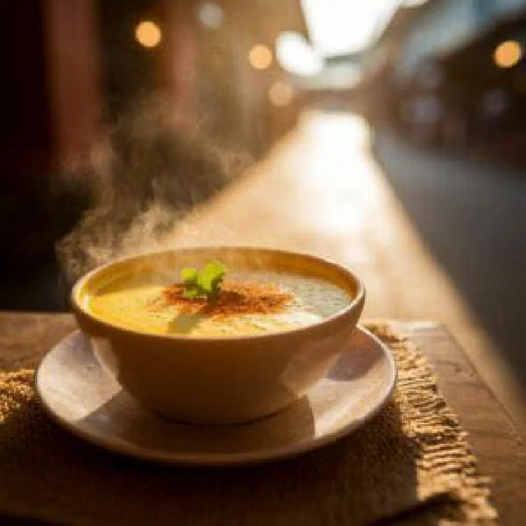 Creamy atol de elote served warm in a cup with a dusting of cinnamon